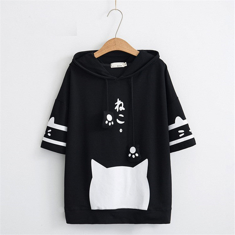 Japanese Neko Cat Short Sleeve Hoodie