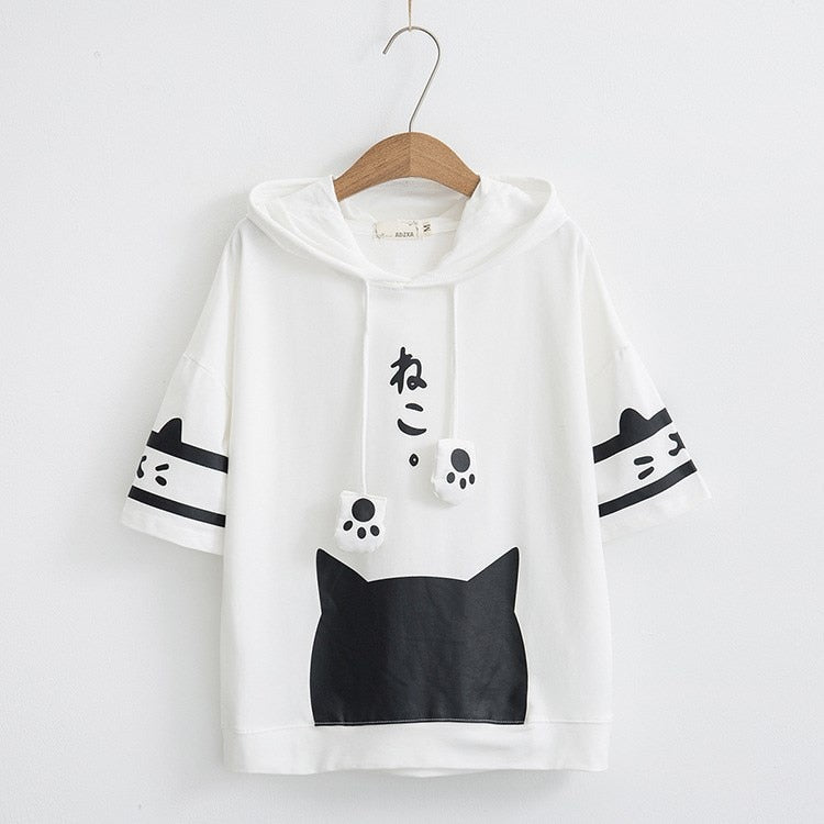 Japanese Neko Cat Short Sleeve Hoodie