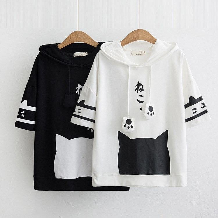 Japanese Neko Cat Short Sleeve Hoodie