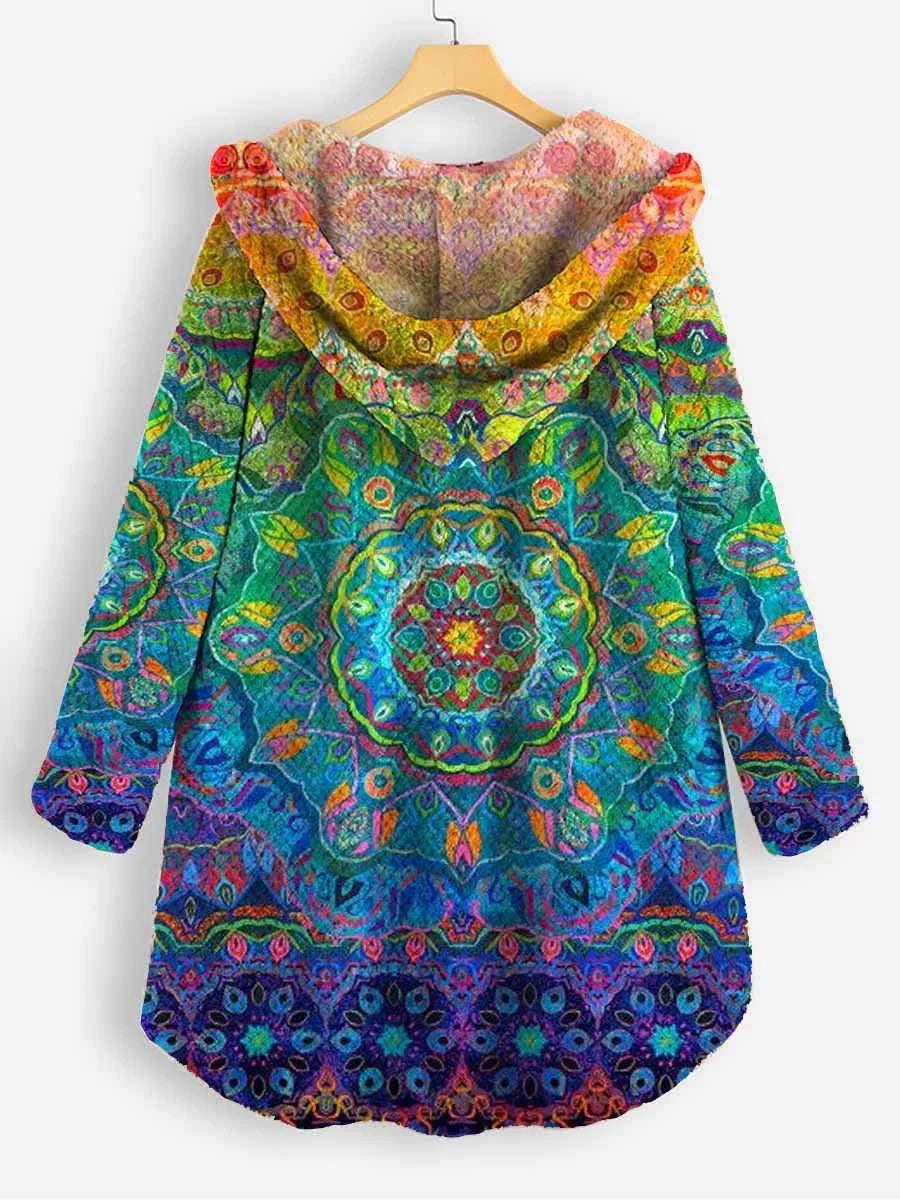 Women's Art Print Casual Coral Fleece Cardigan Coat