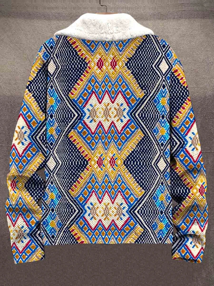 Vintage Art Ethnic Print Unisex Plush Thick Fleece Collar Cardigan Jacket Coat