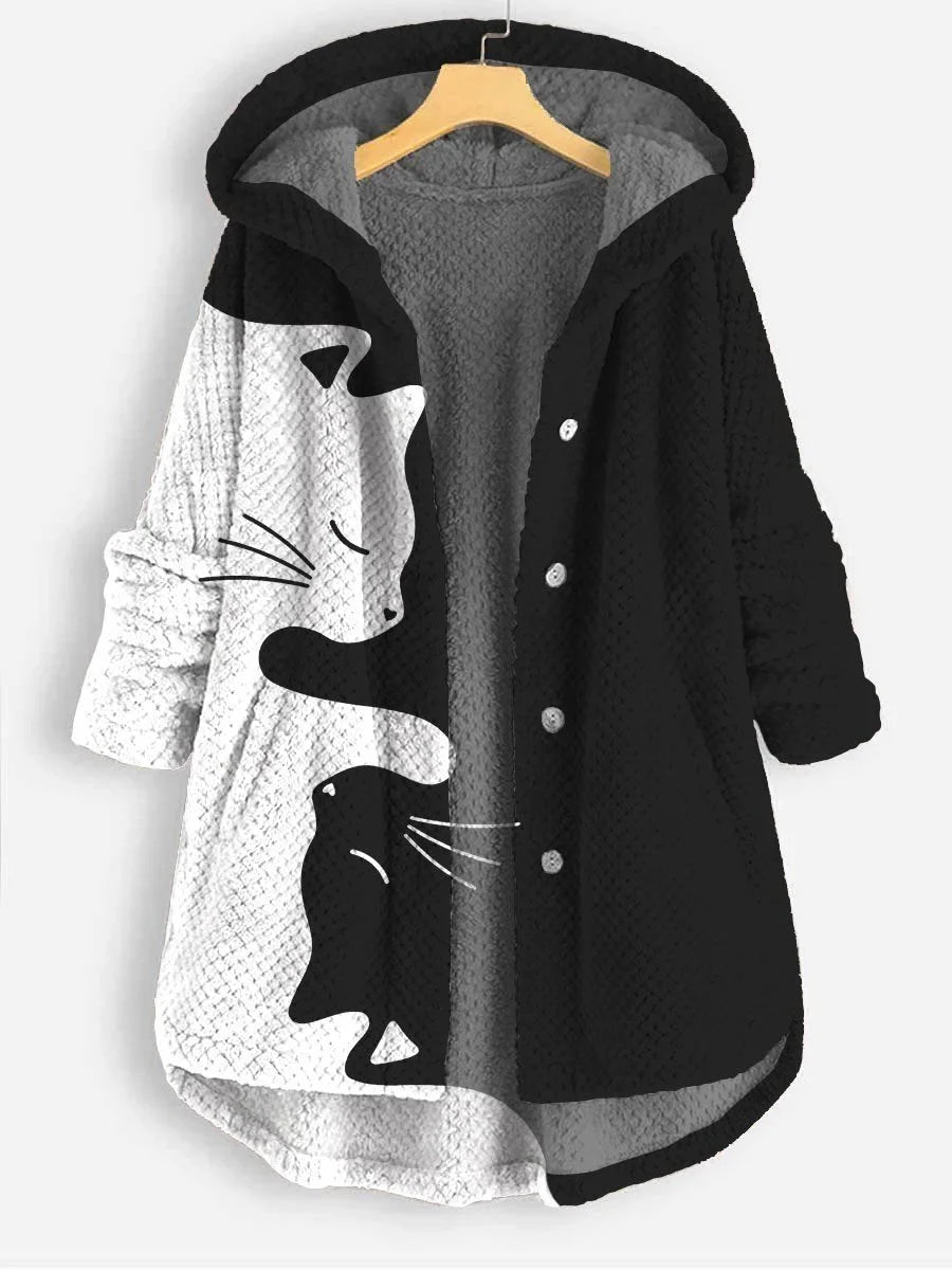 Women's Cat Art Print Casual Coral Fleece Cardigan Coat