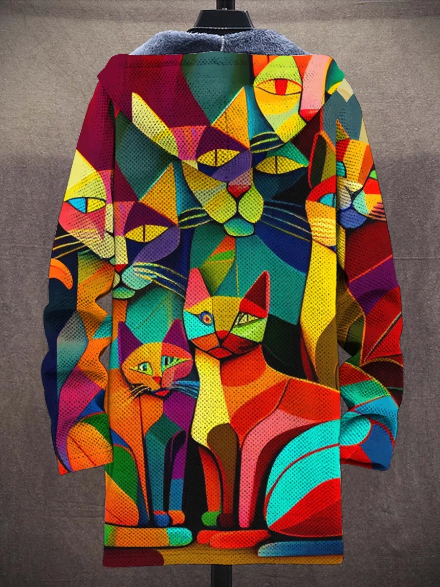 Unisex Abstract Art Cat Print Plush Thick Long-Sleeved Sweater Coat Cardigan