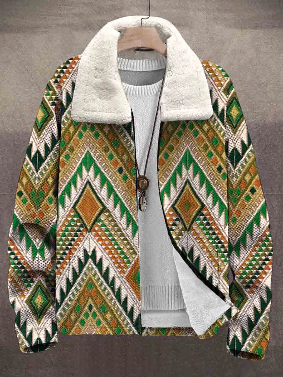 Vintage Art Ethnic Print Unisex Plush Thick Fleece Collar Cardigan Jacket Coat