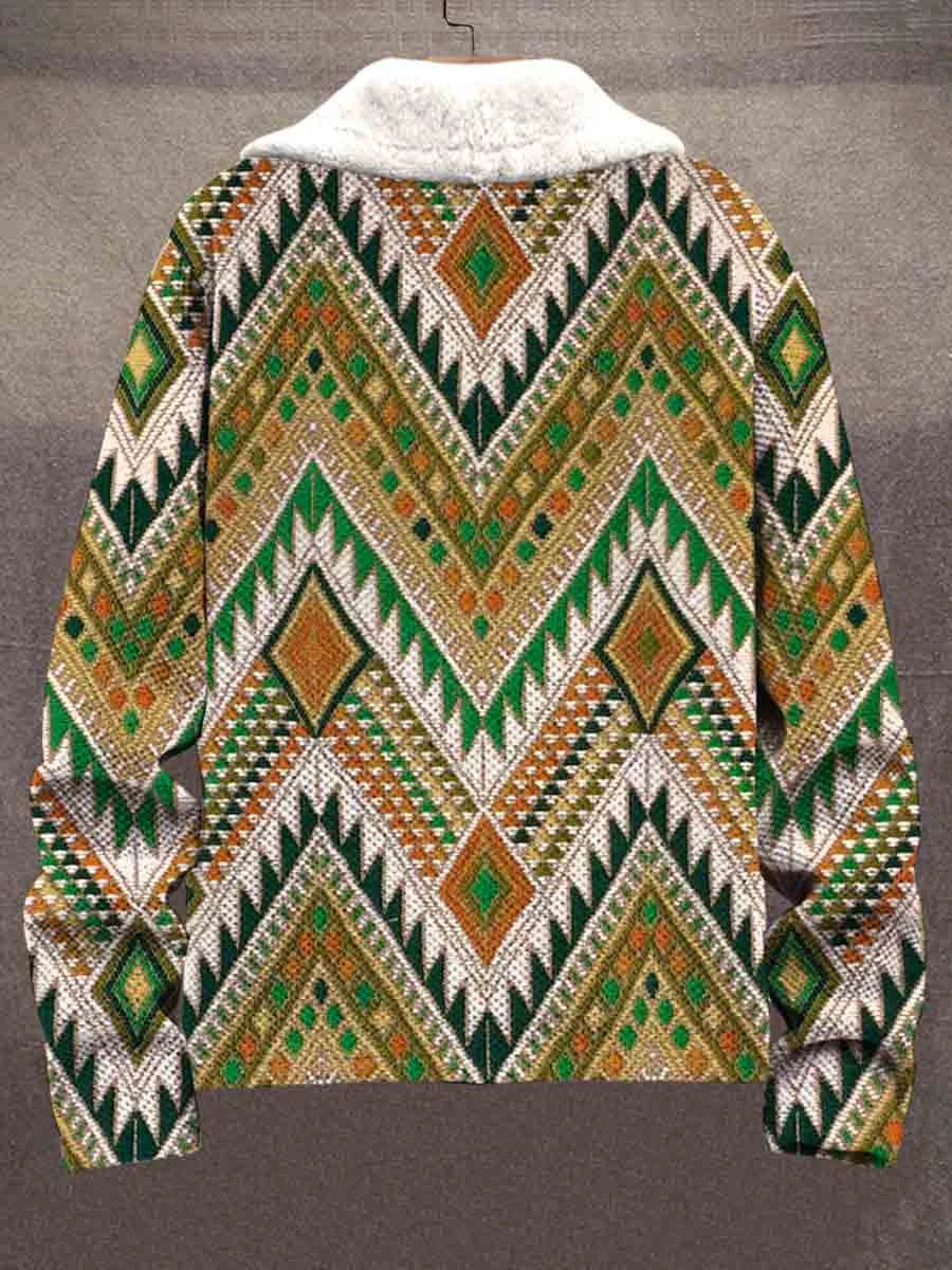 Vintage Art Ethnic Print Unisex Plush Thick Fleece Collar Cardigan Jacket Coat