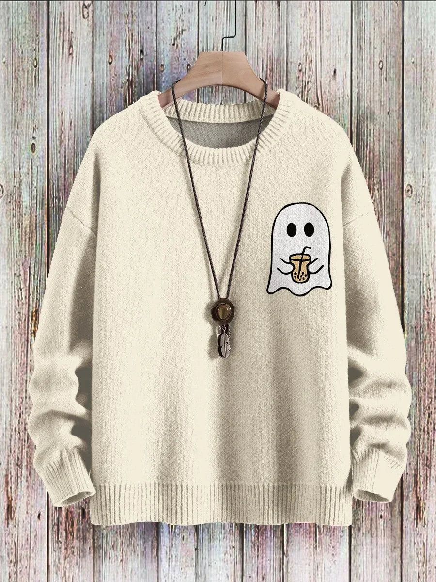 Ghost Drinking Coffee Vintage Art Vibe Print Sweater