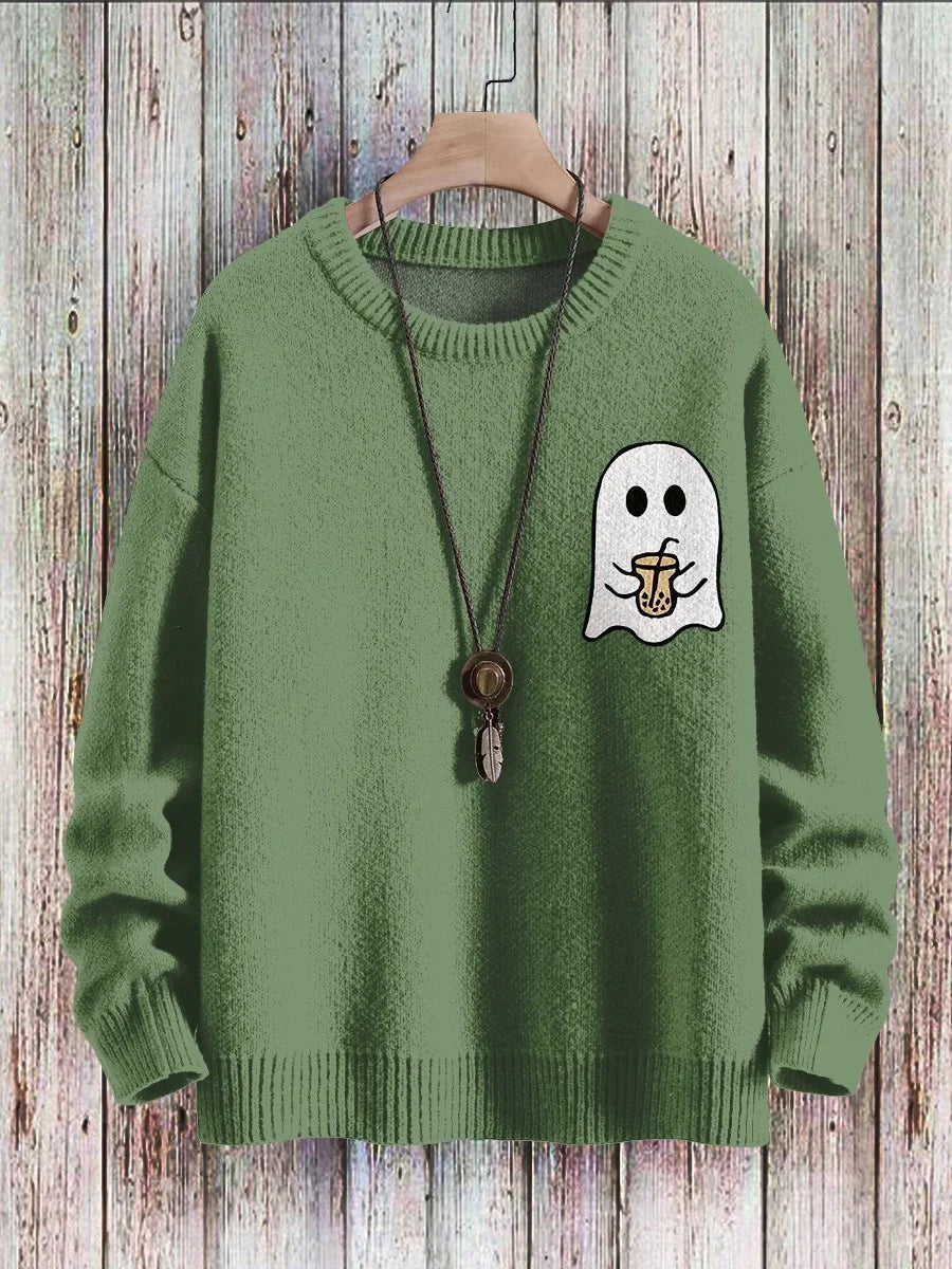 Ghost Drinking Coffee Vintage Art Vibe Print Sweater
