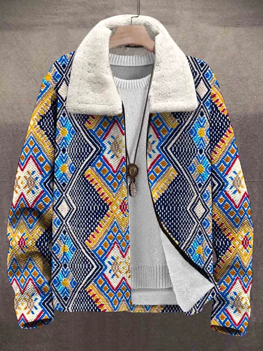 Vintage Art Ethnic Print Unisex Plush Thick Fleece Collar Cardigan Jacket Coat
