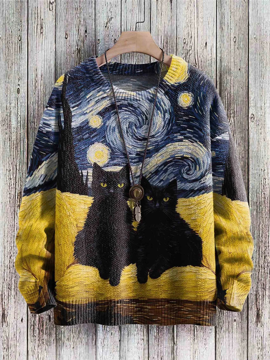 Vintage Cute Cat Art Print Casual Knit Pullover Sweater