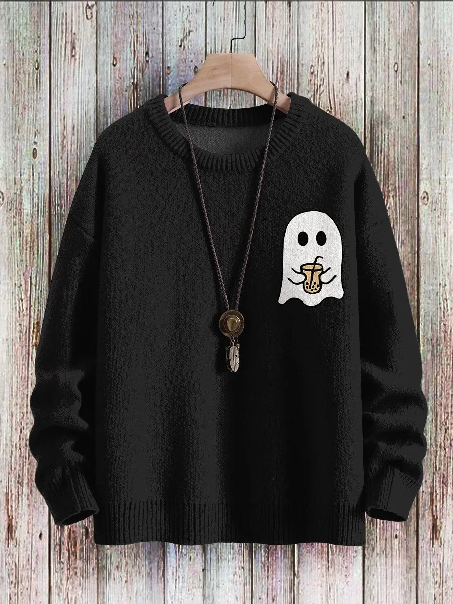 Ghost Drinking Coffee Vintage Art Vibe Print Sweater