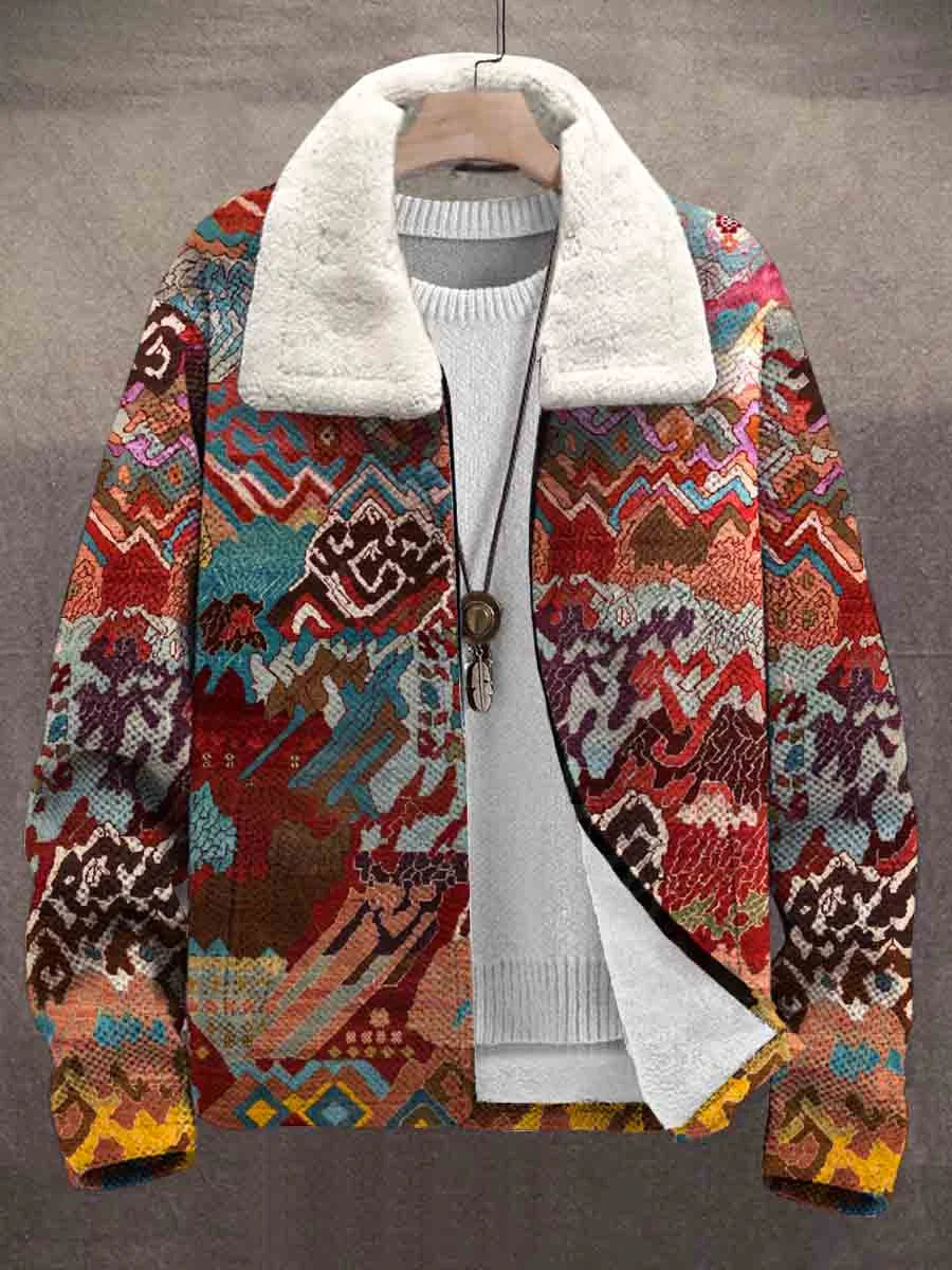 Vintage Art Print Unisex Plush Thick Fleece Collar Cardigan Jacket Coat