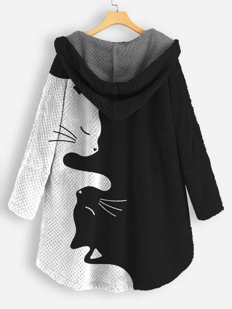 Women's Cat Art Print Casual Coral Fleece Cardigan Coat
