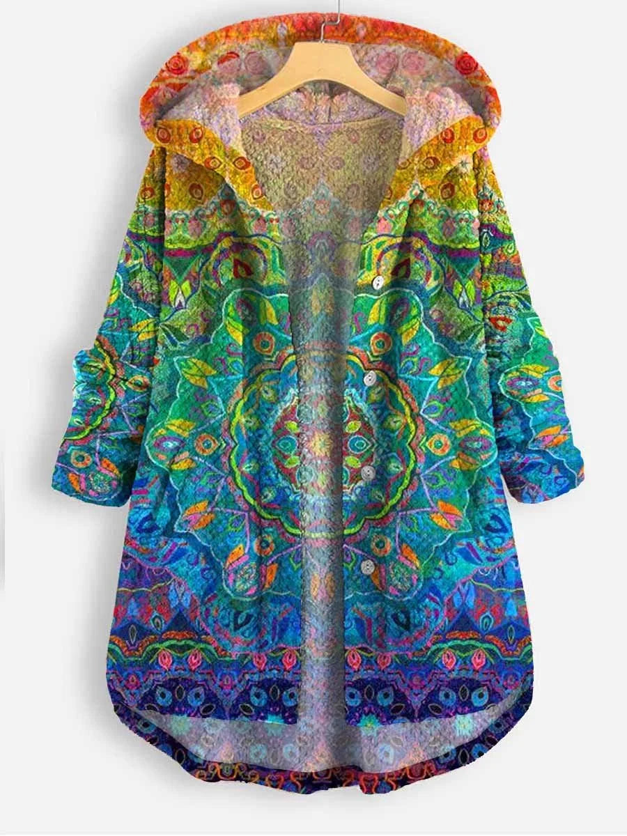 Women's Art Print Casual Coral Fleece Cardigan Coat