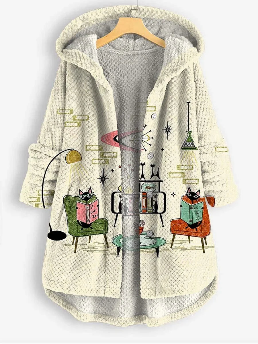 Women's Cat Art Print Casual Coral Fleece Cardigan Coat