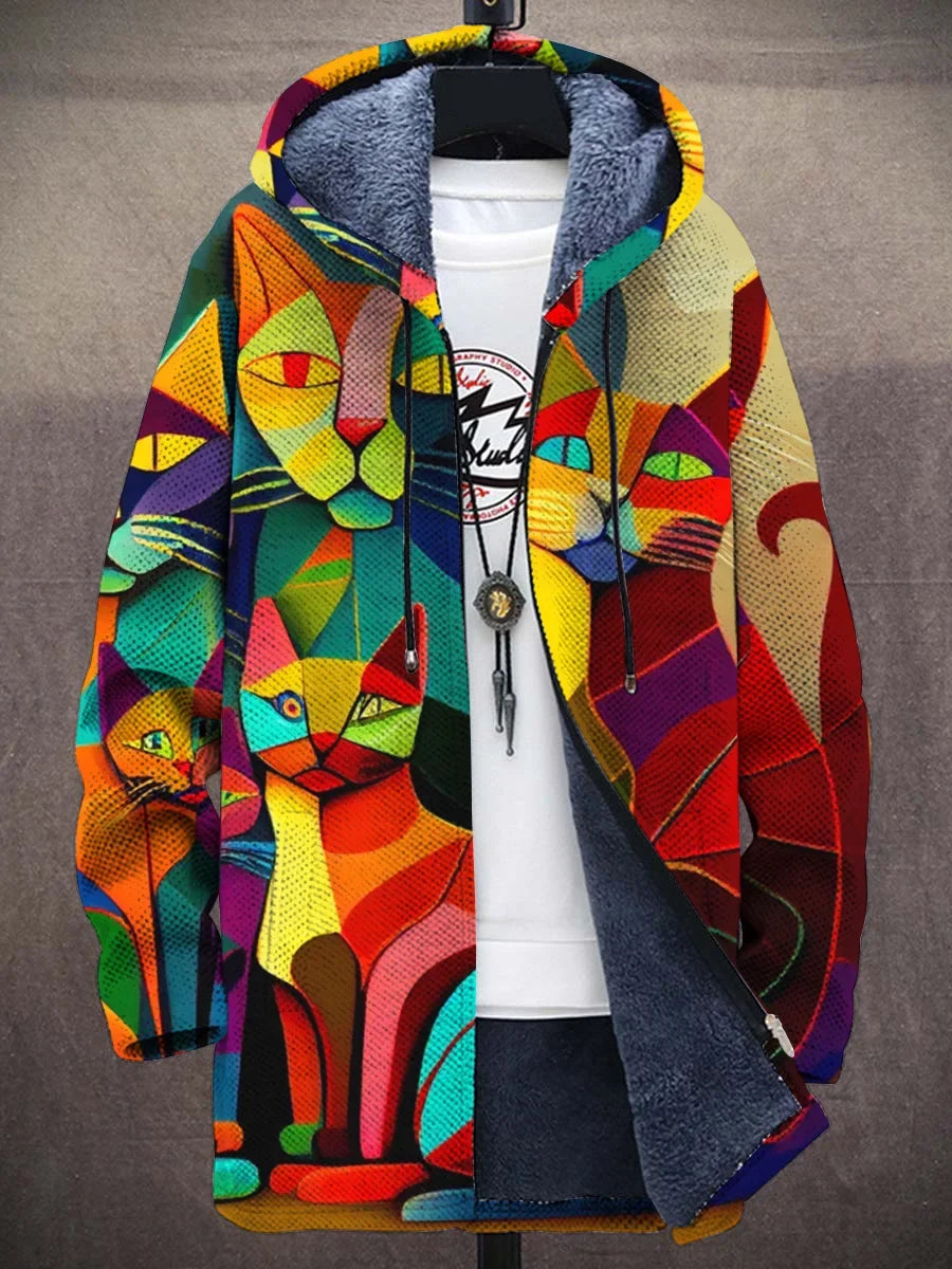 Unisex Abstract Art Cat Print Plush Thick Long-Sleeved Sweater Coat Cardigan
