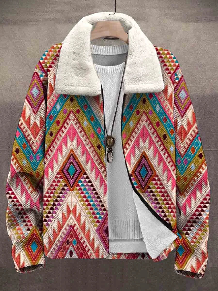 Vintage Art Ethnic Print Unisex Plush Thick Fleece Collar Cardigan Jacket Coat