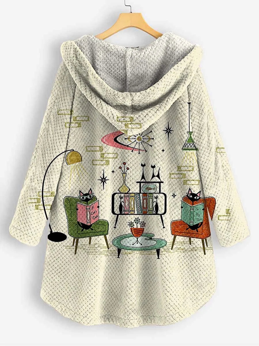 Women's Cat Art Print Casual Coral Fleece Cardigan Coat