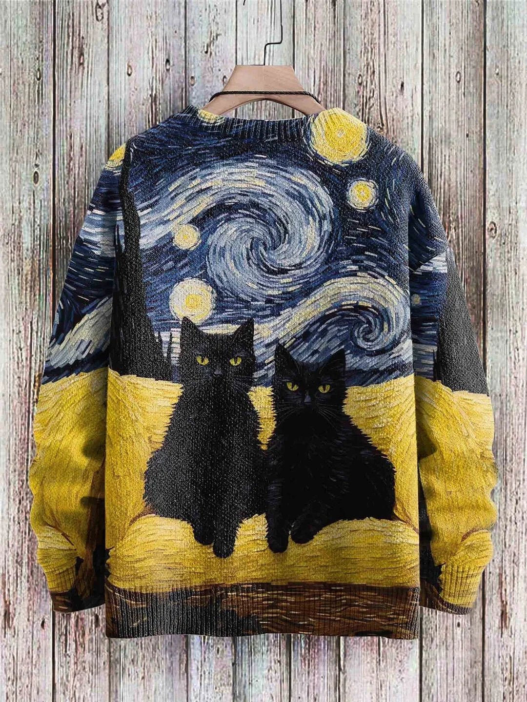 Vintage Cute Cat Art Print Casual Knit Pullover Sweater