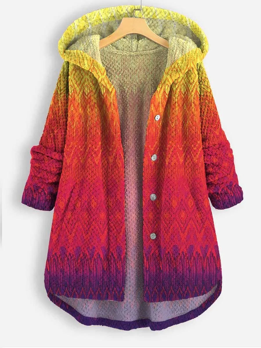 Women's Gradient Art Print Casual Coral Fleece Cardigan Coat