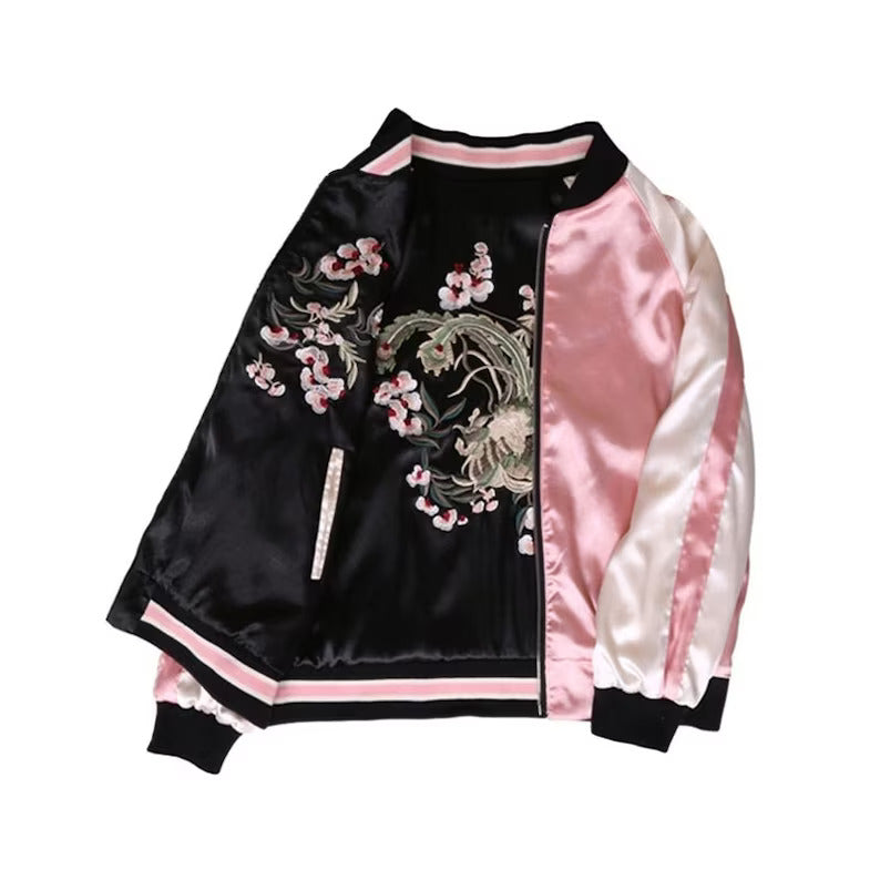 Reversible Embroidered Sukajan Jacket, Sakura Cherry Blossoms Bomber Jacket For Women, Japanese Souvenir