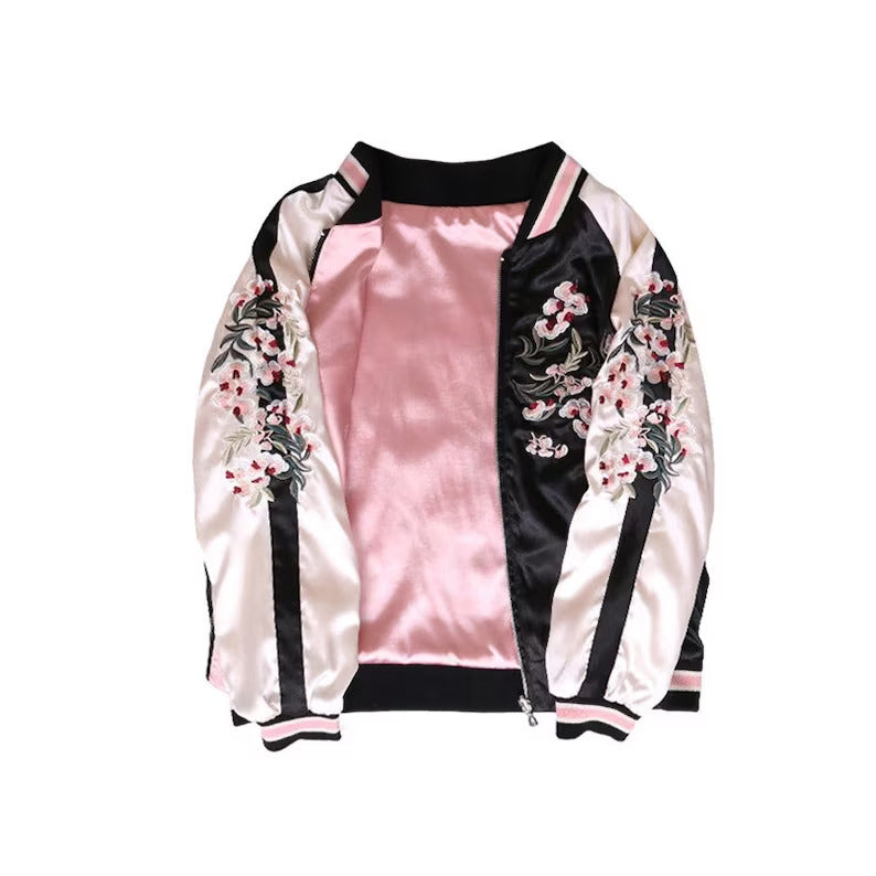 Reversible Embroidered Sukajan Jacket, Sakura Cherry Blossoms Bomber Jacket For Women, Japanese Souvenir