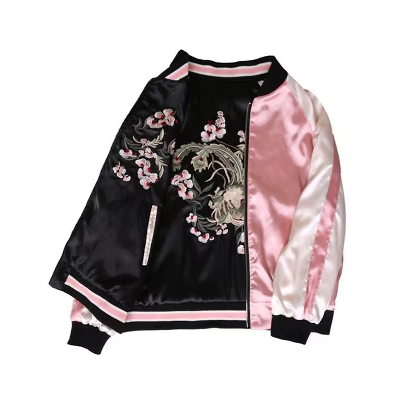 Reversible Embroidered Sukajan Jacket, Sakura Cherry Blossoms Bomber Jacket For Women, Japanese Souvenir