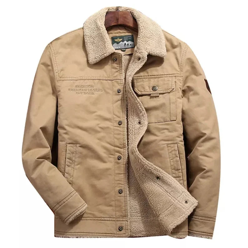 Fleece Lined Jacket Men Winter Sherpa Coat Thick Warm Casual Army Jacket Fur Collar Winbreaker Jacket Men Cozy Outerwear Winter Clothing