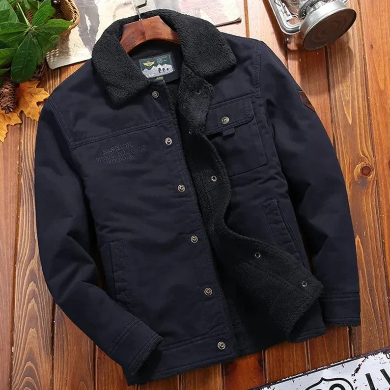 Fleece Lined Jacket Men Winter Sherpa Coat Thick Warm Casual Army Jacket Fur Collar Winbreaker Jacket Men Cozy Outerwear Winter Clothing