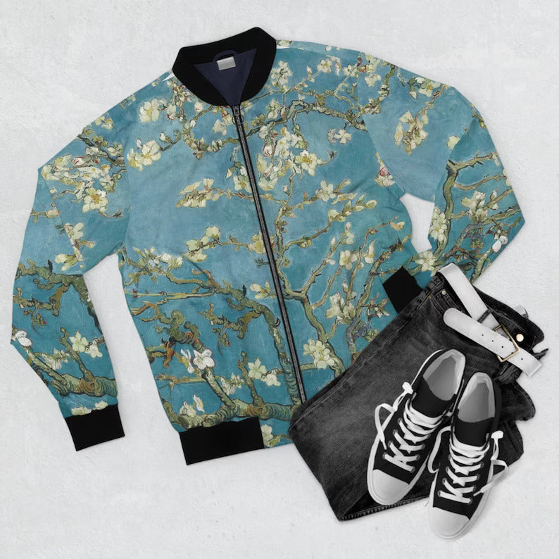Van Gogh Almond Blossom Men's Bomber Jacket (AOP),All Over Ptint Trendy Bomber Jacket,Cute Aesthetic Jacket