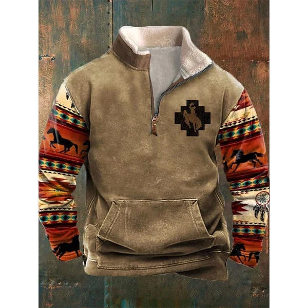 MEN'S FURRY COLLAR LONG-SLEEVED STAND-COLLAR HALF-ZIP SWEATSHIRT