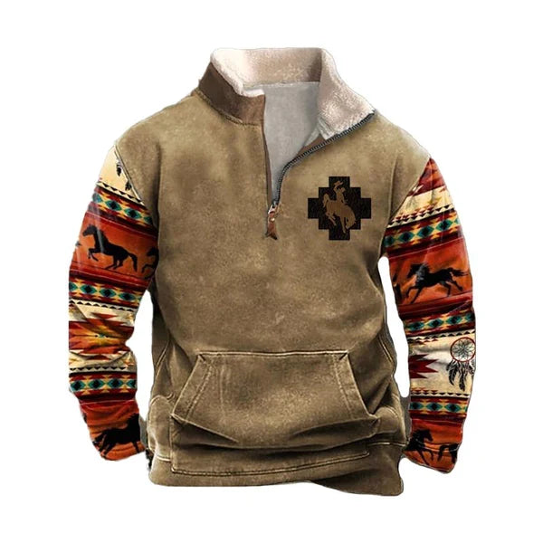 MEN'S FURRY COLLAR LONG-SLEEVED STAND-COLLAR HALF-ZIP SWEATSHIRT
