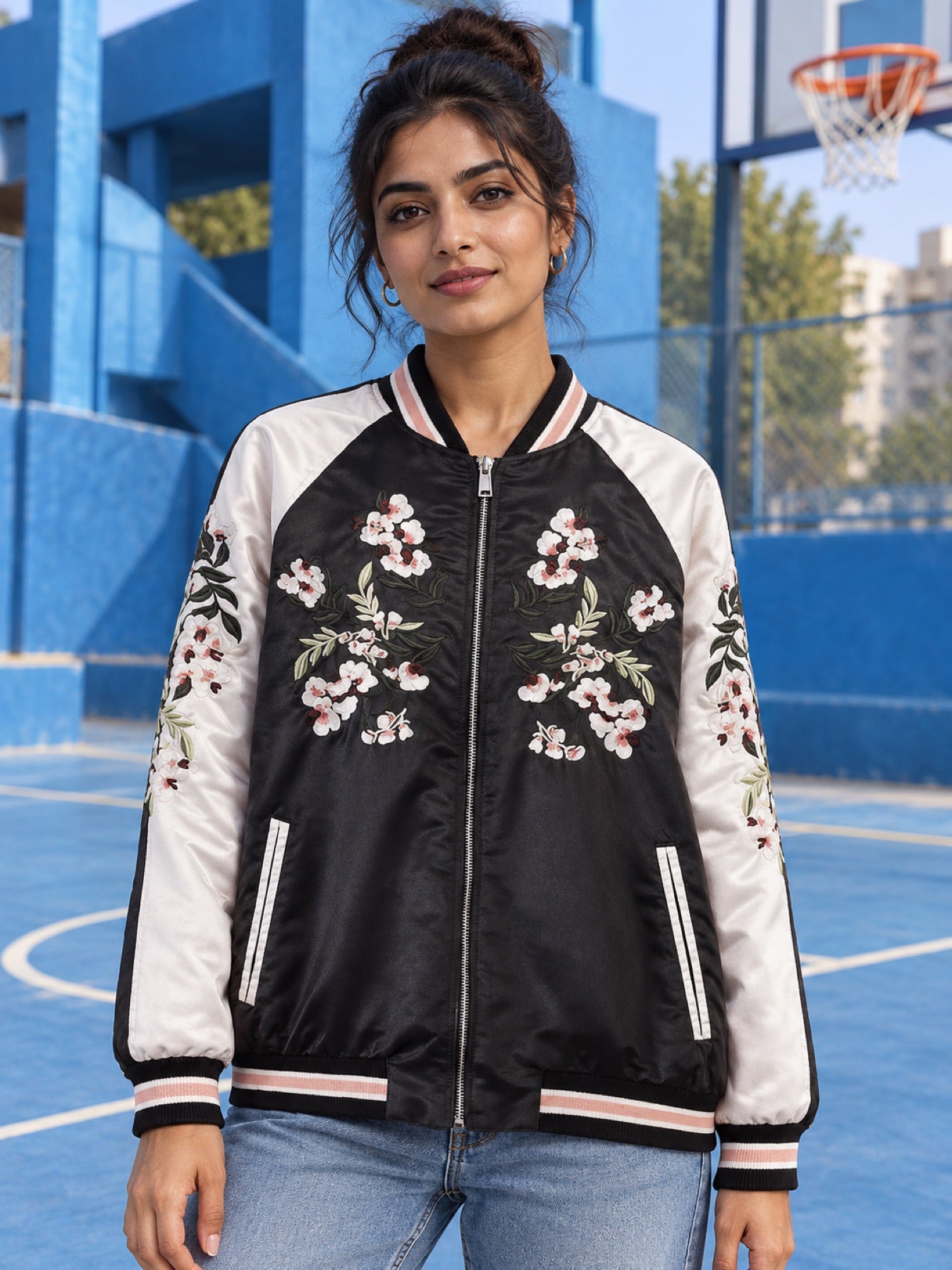 Reversible Embroidered Sukajan Jacket, Sakura Cherry Blossoms Bomber Jacket For Women, Japanese Souvenir